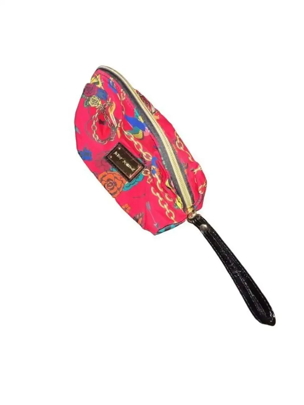 Betsey Johnson Red Floral Chain Tattoo Print Cosmetic Bag Wristlet